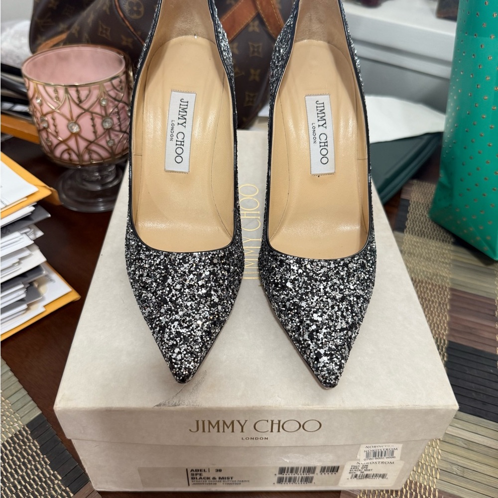Jimmy Choo Black and Silver Sparkle Heels